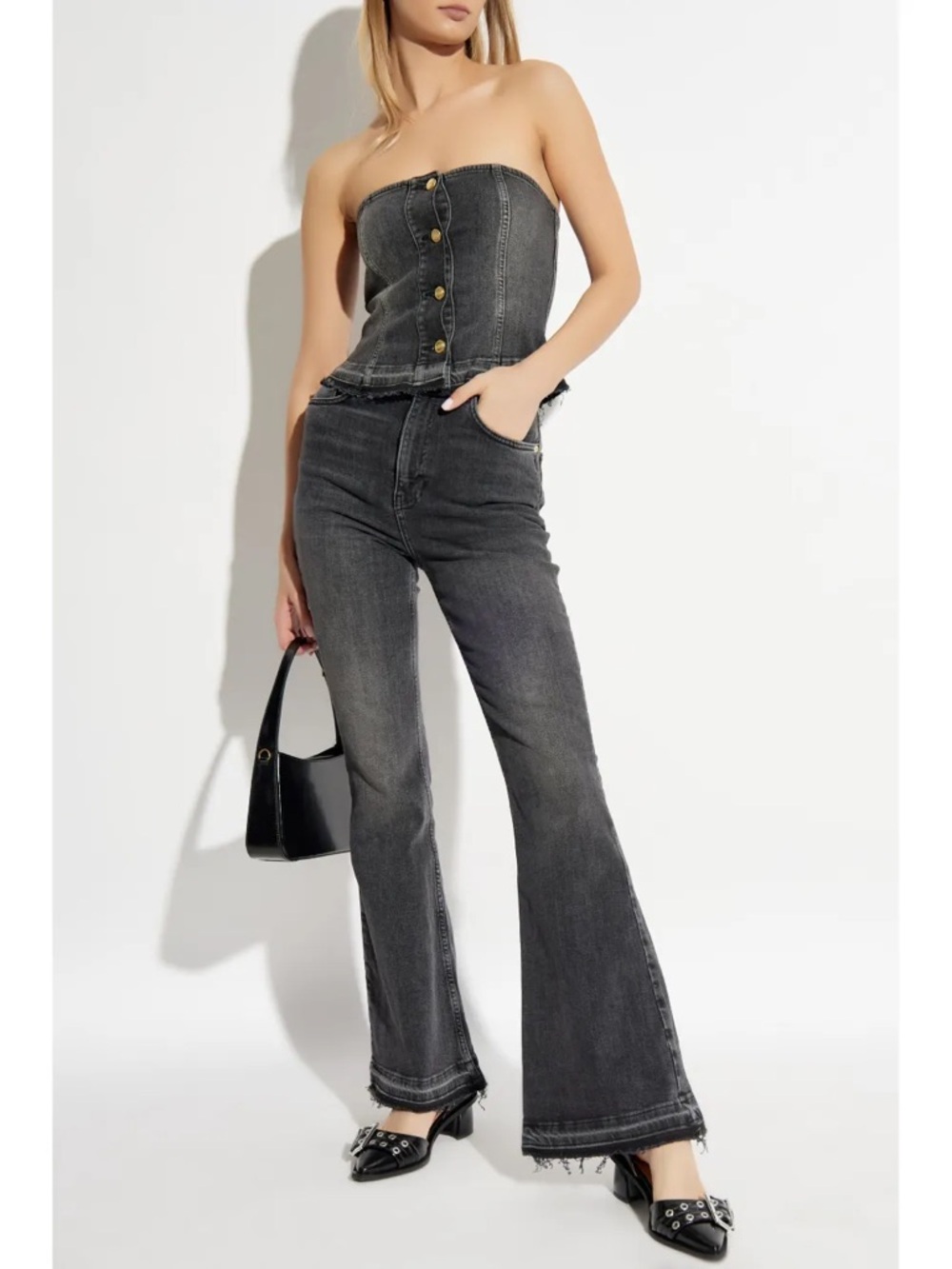 Ganni Washed Black Strapless Denim Corset Top SET flared jeans size 24 34 00 XS